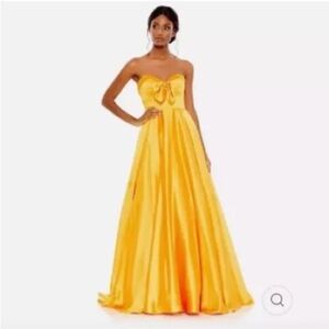 Mac Duggal Yellow Sweetheart Neck Strapless Bow Satin Ball Gown Dress Sz 8 67995